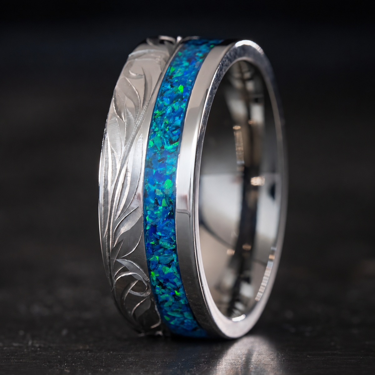 Titanium hand engraved ring with azure blue opal inlay