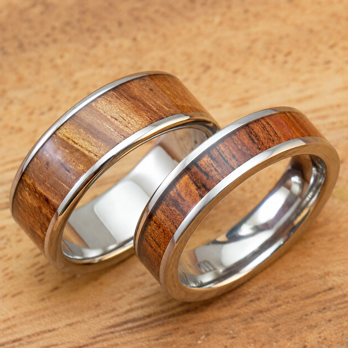 Titanium wedding band set with Hawaiian koa wood inlay