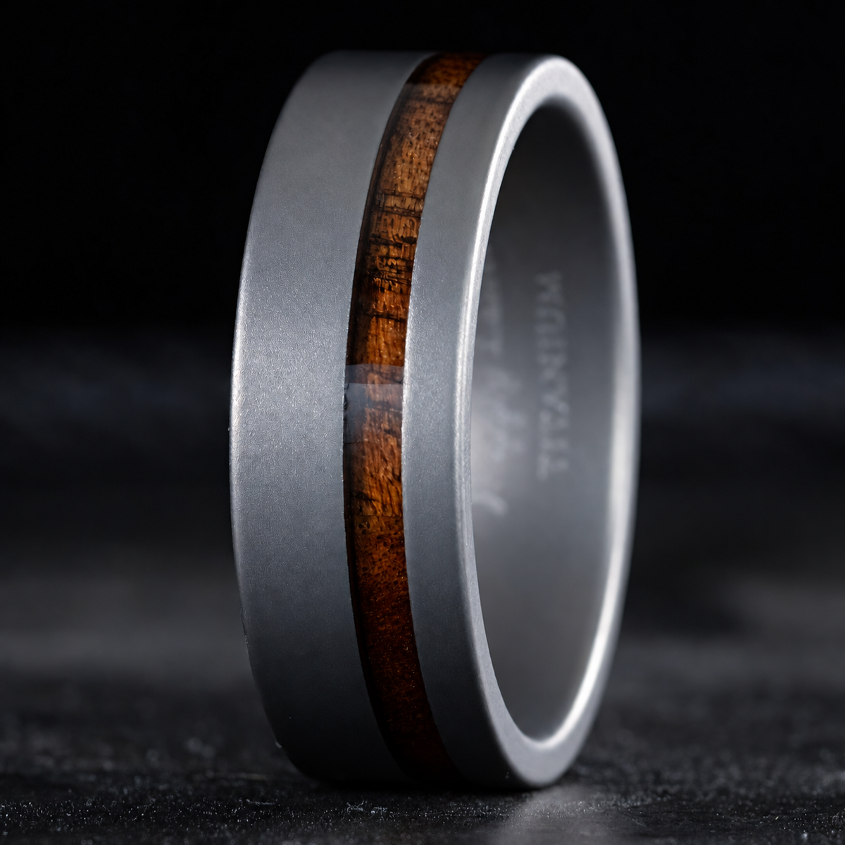 8mm sandblasted titanium ring with Hawaiian koa wood inlay, clean product image
