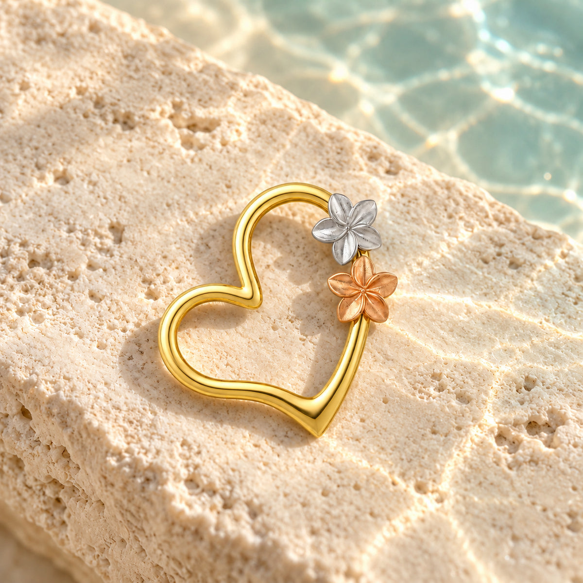 Tri-Color Gold Heart Plumeria Pendant