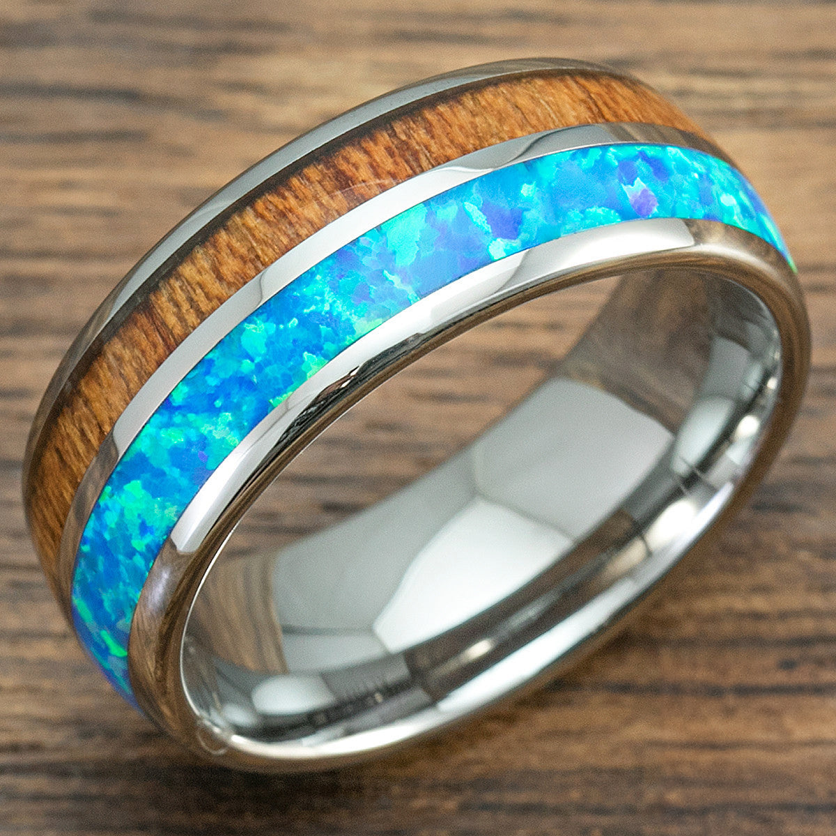 Tungsten Carbide Ring with Blue Opal & Koa Wood Duo Inlay, 6-8mm, Dome Shape, Comfort Fitment