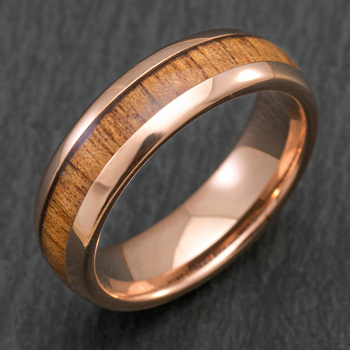 Tungsten Carbide Rose Gold Plated Ring with Koa Wood Inlay - 6mm, Dome Shape, Comfort Fitment