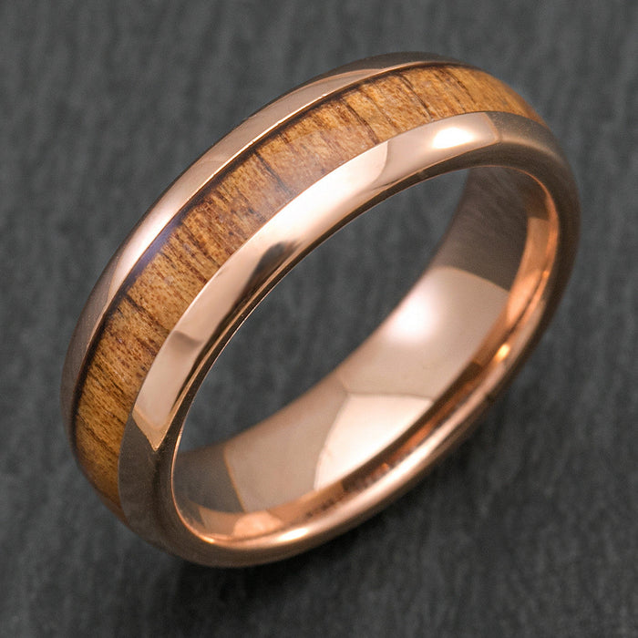 Tungsten Carbide Rose Gold Plated Ring with Koa Wood Inlay - 6mm, Dome Shape, Comfort Fitment