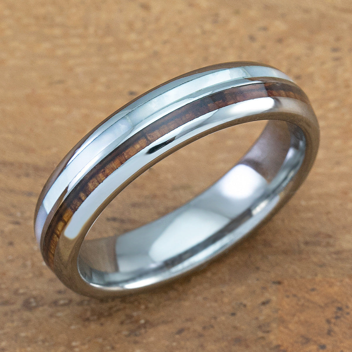 Tungsten Carbide Ring with Koa Wood & Mother of Pearl Inlay - 5mm, Dome Shape, Comfort Fitment