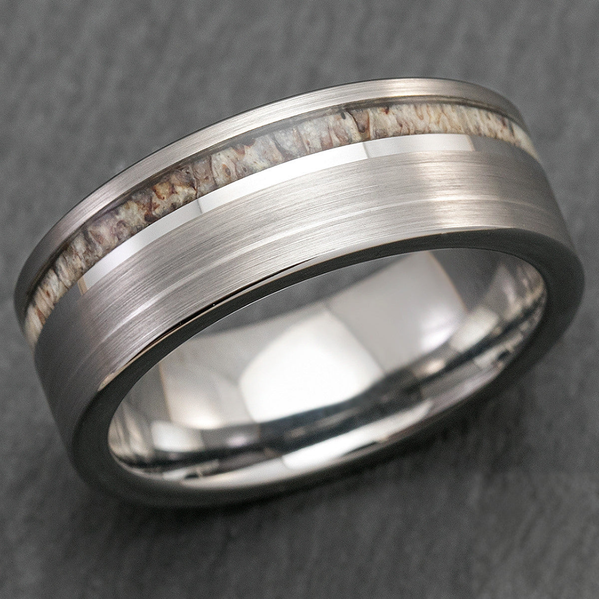 Tungsten Carbide Brush Finish Ring with Offset Antler Inlay - 8mm, Flat Shape, Comfort Fitment