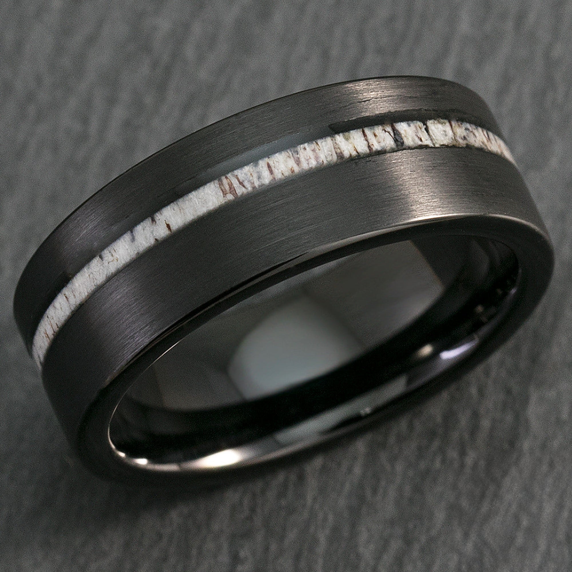 Black Tungsten Carbide Brush Finish Ring with Offset Antler Inlay - 8mm, Flat Shape, Comfort Fitment