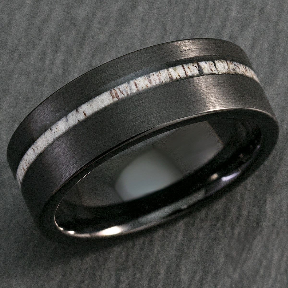 Black Tungsten Carbide Brush Finish Ring with Offset Antler Inlay - 8mm, Flat Shape, Comfort Fitment