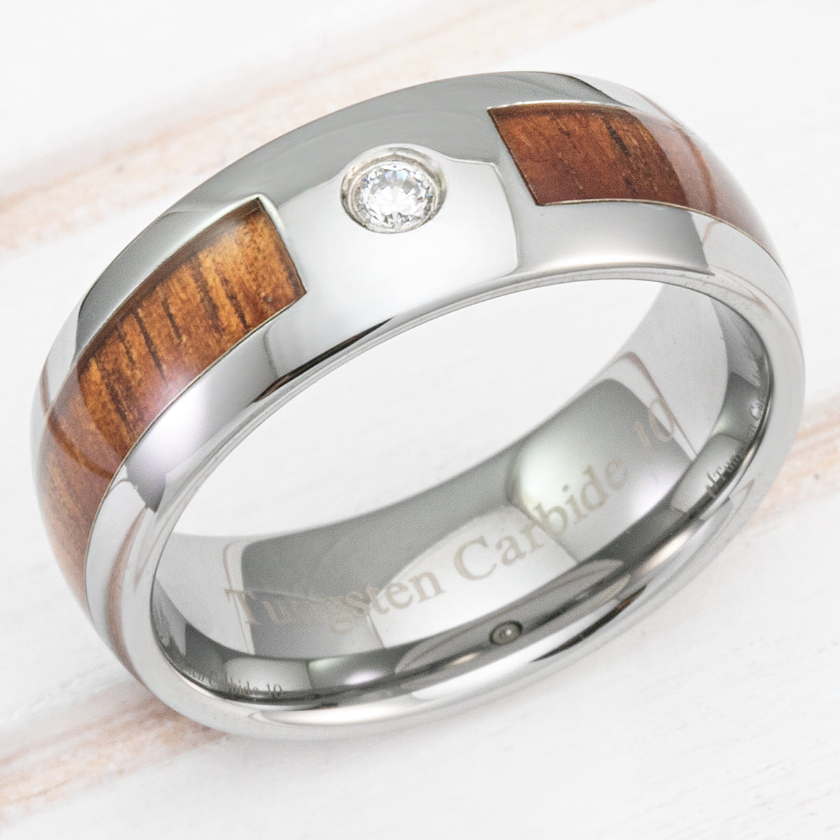 Tungsten Carbide Cubic Zirconia Ring with Hawaiian Koa Wood Inlay - 8mm, Dome Shape, Comfort Fitment