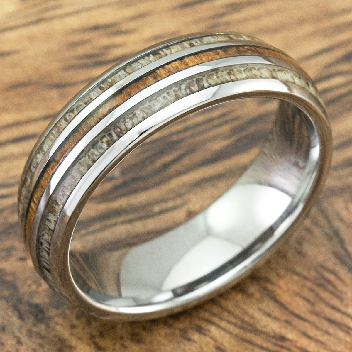 Tungsten Carbide Ring with Antler & Koa Wood Tri Inlay - 6mm, Dome Shape, Comfort Fitment