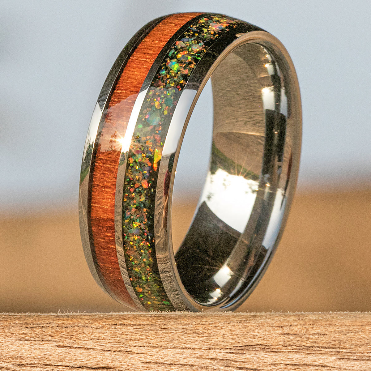 Tungsten Carbide Ring / Fire Opal & Hawaiian Koa Wood Inlay /  8mm /  Dome Shape / Comfort Fitment