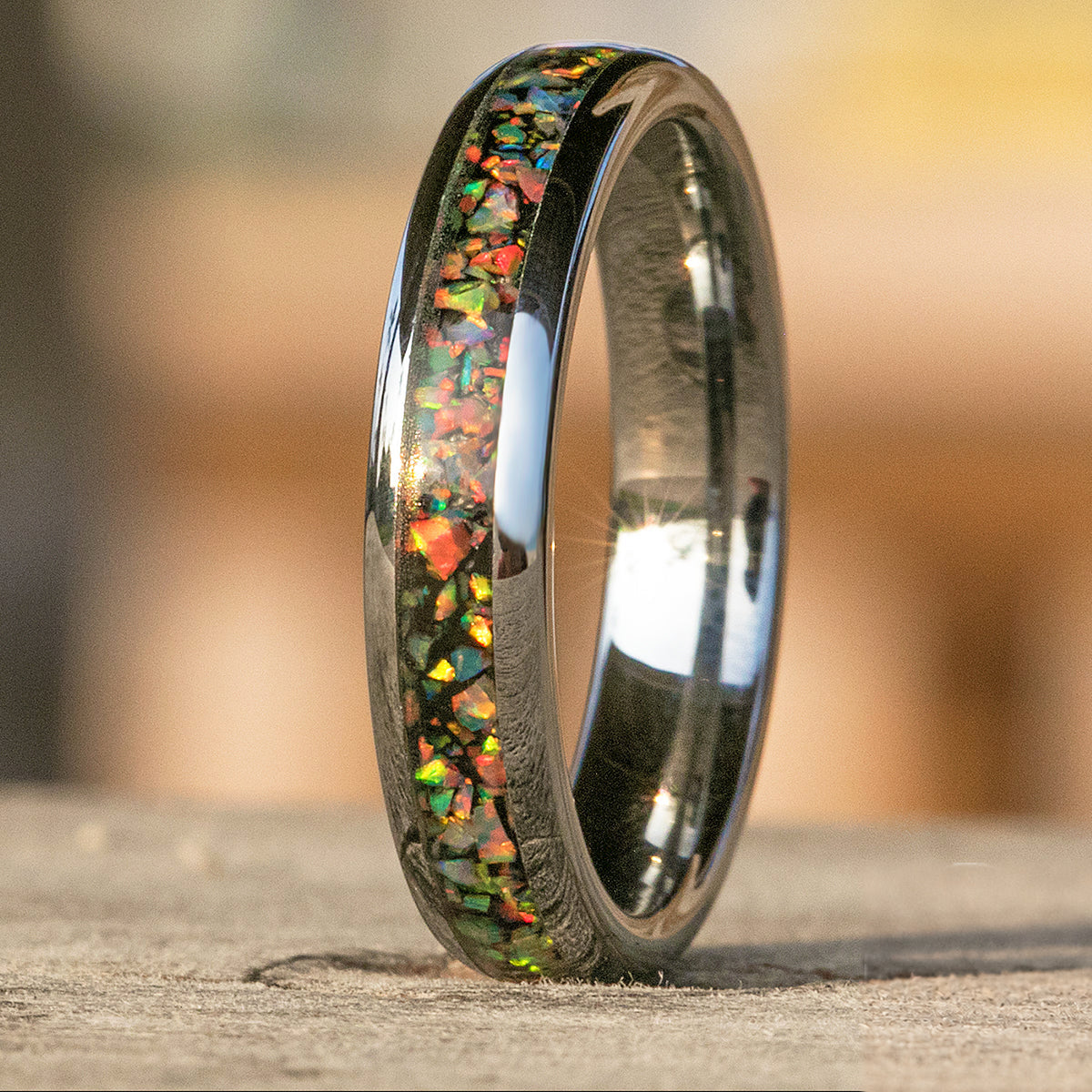 Tungsten Carbide Ring with Fire Opal Inlay - 4mm, Dome Shape, Comfort Fitment