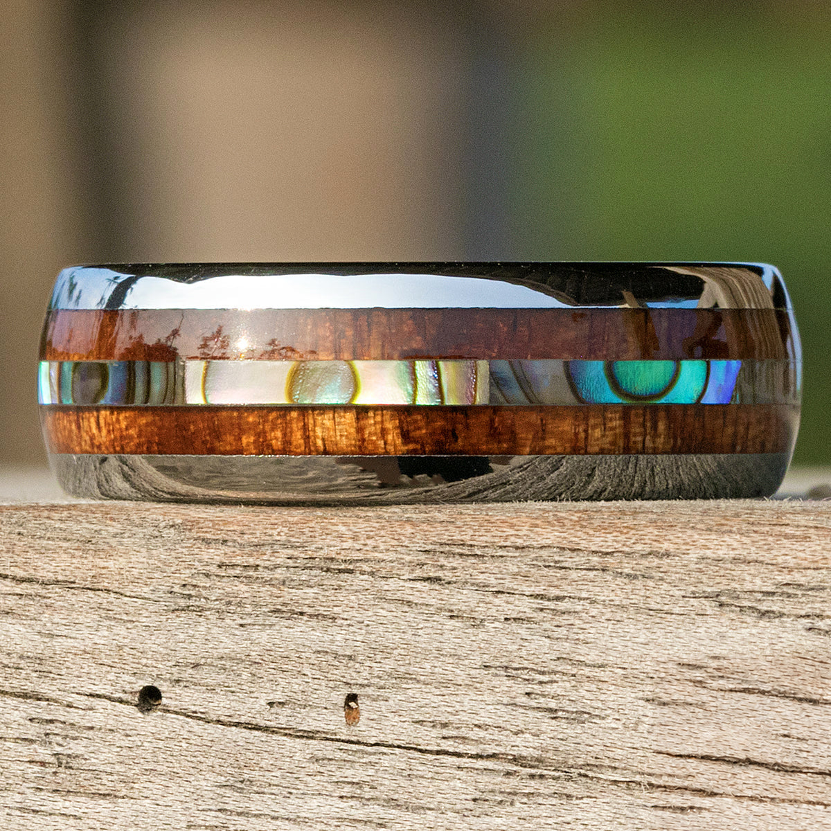 Tungsten Carbide Ring with Mid-Abalone Shell & Hawaiian Koa Wood Inlay (No Mid Tungsten Strips) - 8mm, Dome Shape, Comfort Fitment