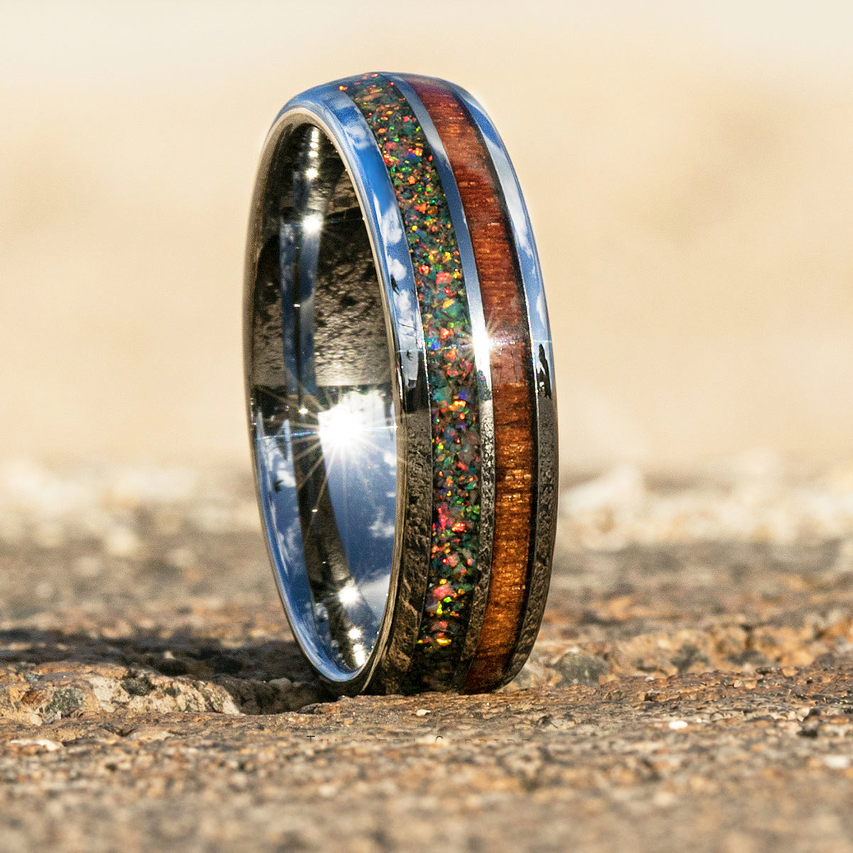 Tungsten Carbide Ring with Crushed Fire Opal & Hawaiian Koa Wood Duo Inlay - 6mm, Dome Shape, Comfort Fitment