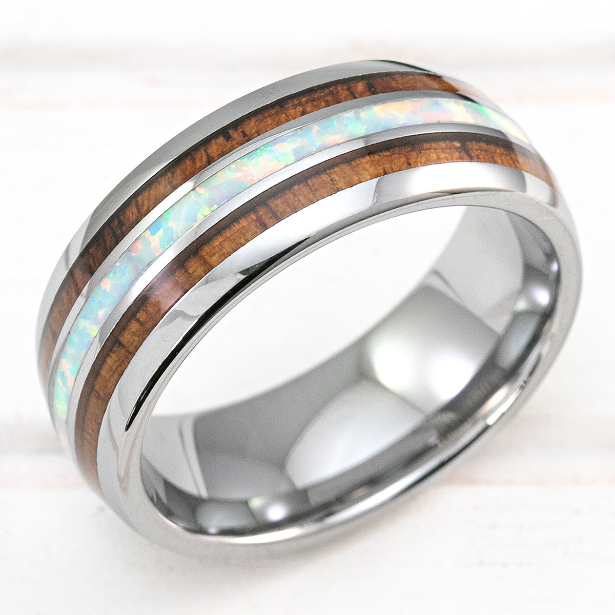 Tungsten Carbide 8mm Ring with Hawaiian Koa Wood & White Opal Tri-Inlay - Dome Shape, Comfort Fitment