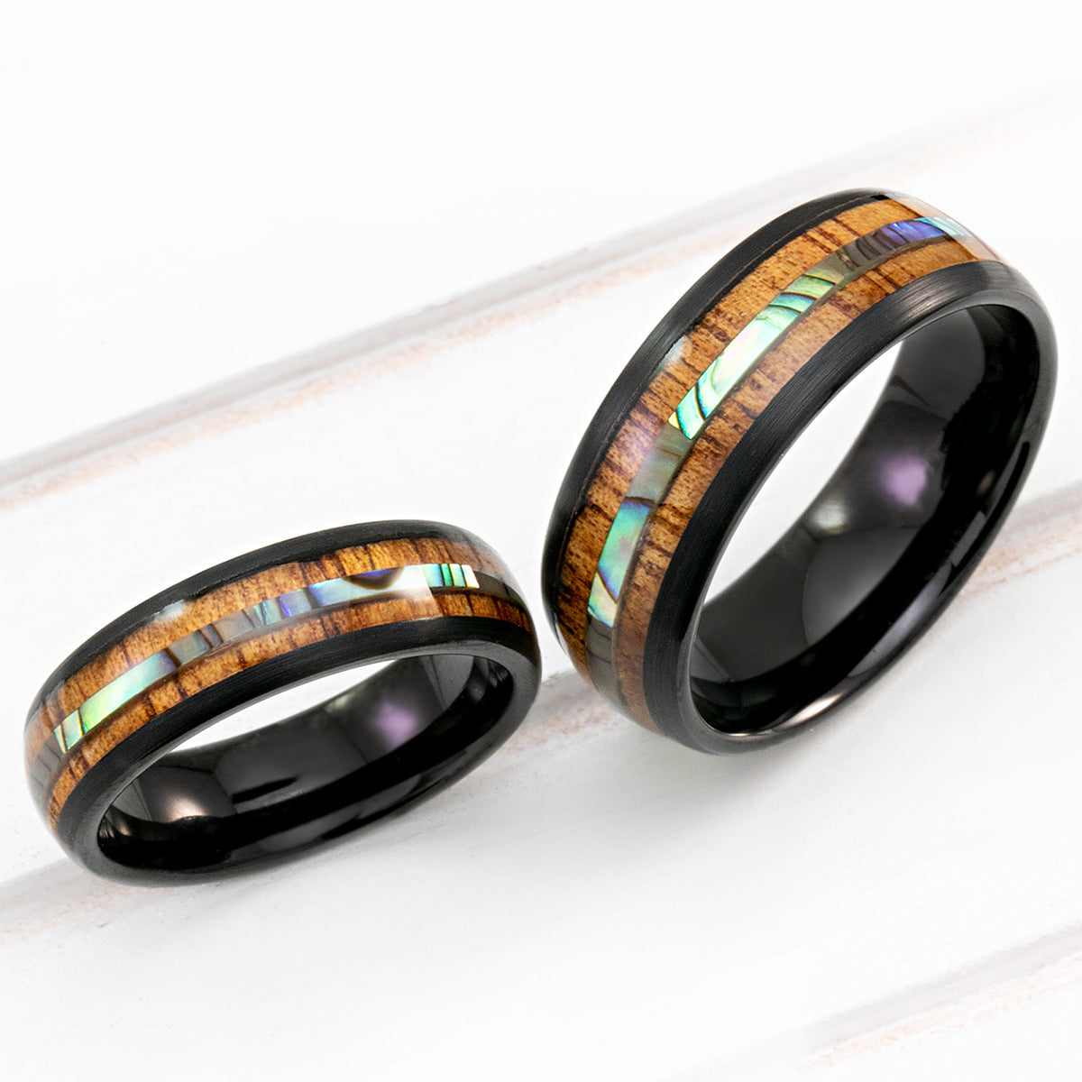 Black Tungsten with Abalone Shell and Hawaiian Koa Wood Inlay - 6-8mm, Dome Shape, Comfort Fitment