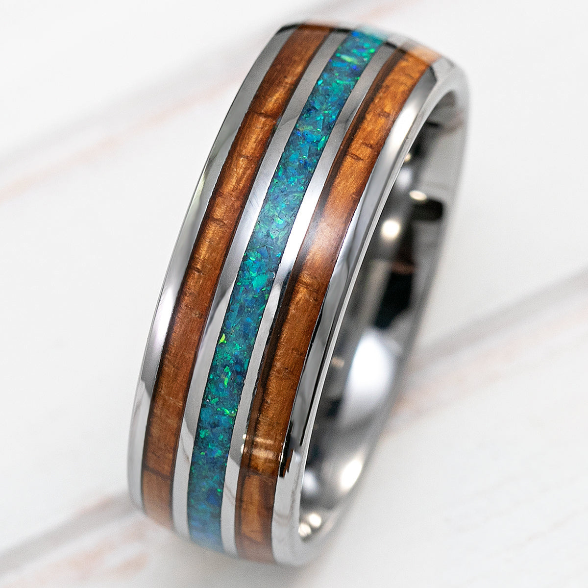 Tungsten Carbide Ring [8mm width] Green Opal & Hawaiian Koa Wood  Tri-Inlay