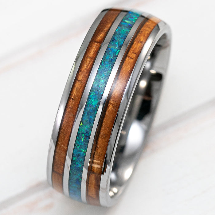 Tungsten Carbide Ring [8mm width] Green Opal & Hawaiian Koa Wood  Tri-Inlay