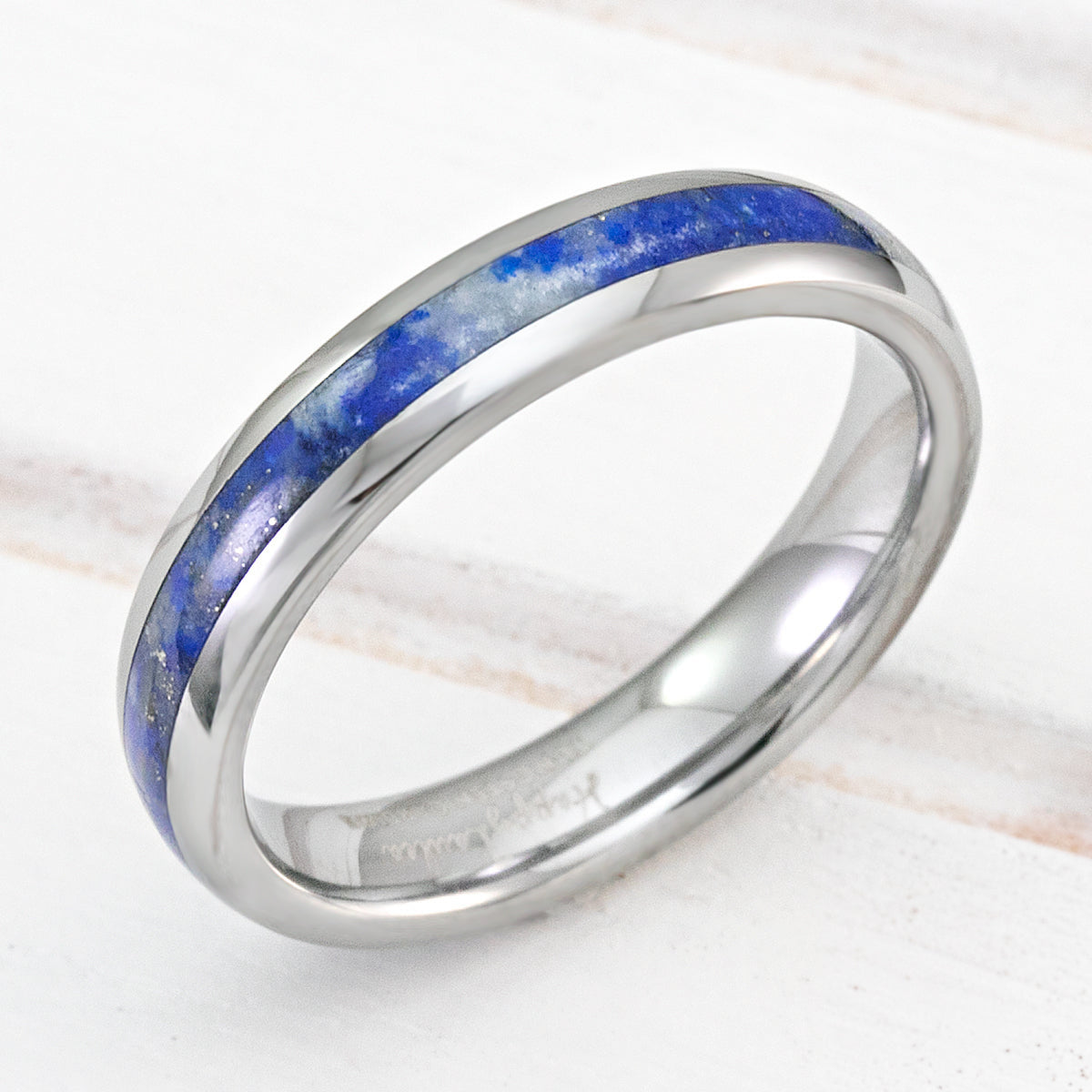 Tungsten Carbide 4mm Ring with Lapis Lazuli Inlay - Dome Shape, Comfort Fitment