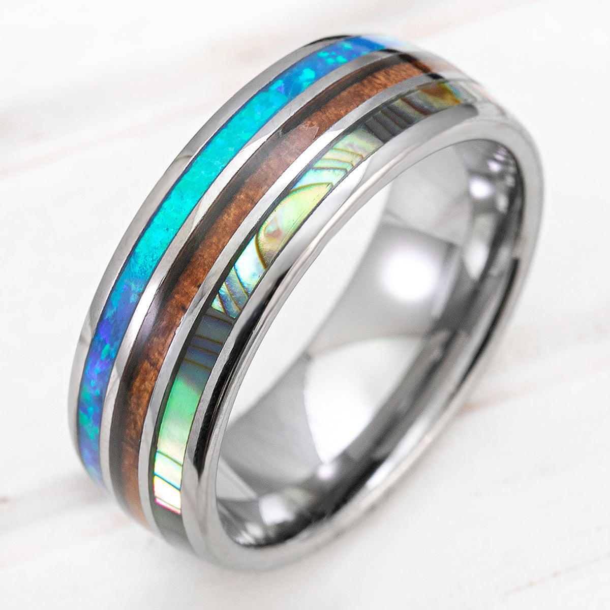 Tungsten Carbide 8mm Ring with Abalone Shell, Koa Wood, & Blue Opal Tri-Inlay - Dome Shape, Comfort Fitment