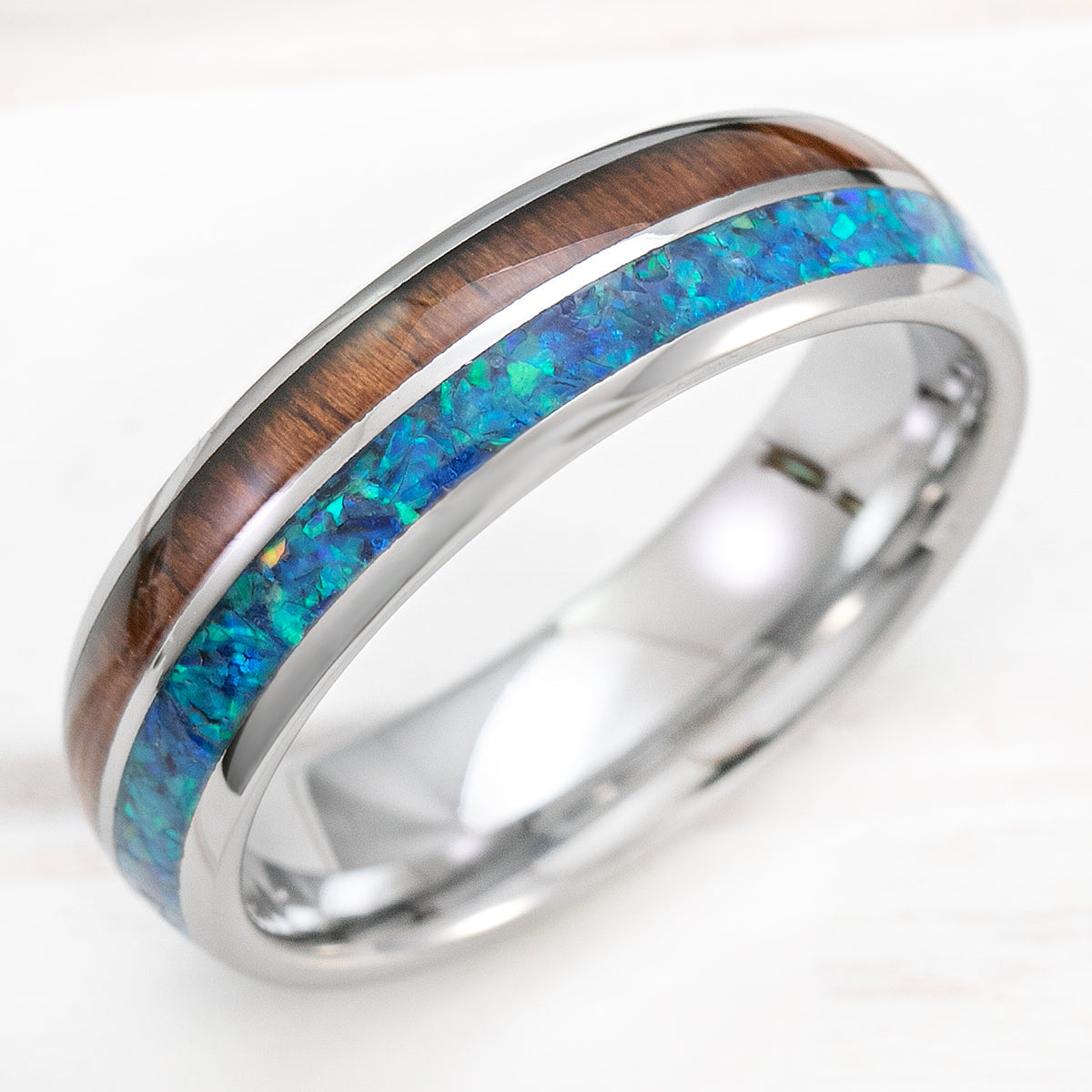 Tungsten Carbide 6mm Ring with Azure Opal & Koa Wood Duo-Inlay - Dome Shape, Comfort Fitment