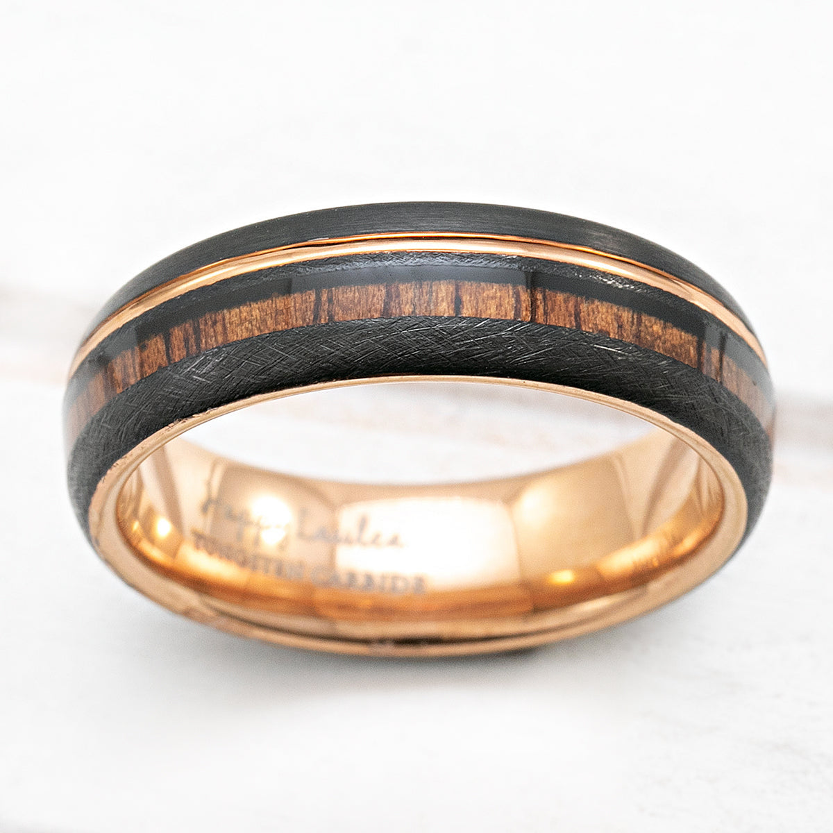 Black & Rose Gold Tungsten Ring with Offset Strip and Koa Wood Inlay - 6mm, Dome Shape, Comfort Fitment