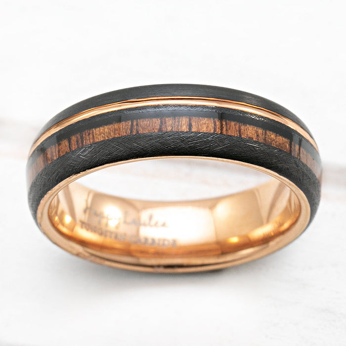 Black & Rose Gold Tungsten Ring with Offset Strip and Koa Wood Inlay - 6mm, Dome Shape, Comfort Fitment