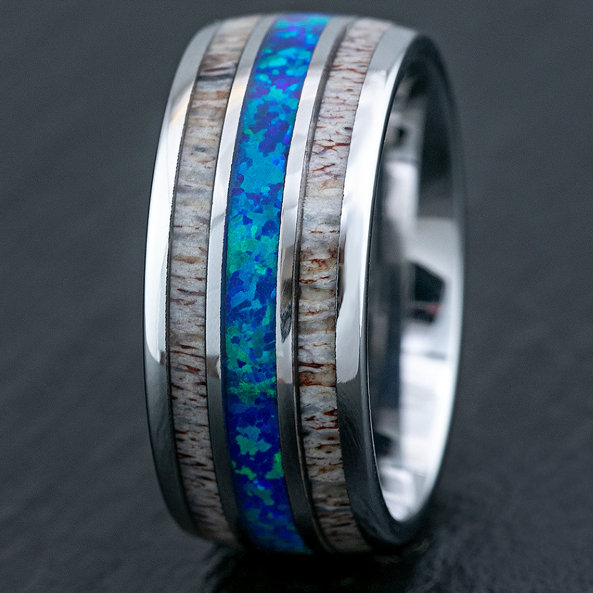 Tungsten Carbide Ring with Antler & Blue Opal Inlay - 10mm, Dome Shape, Comfort Fitment