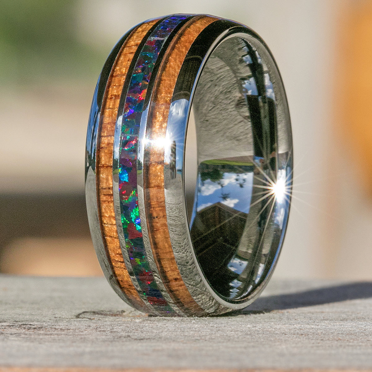 Tungsten Carbide Ring with Fire Opal & Koa Wood Tri Inlay - 8mm, Dome Shape, Comfort Fitment