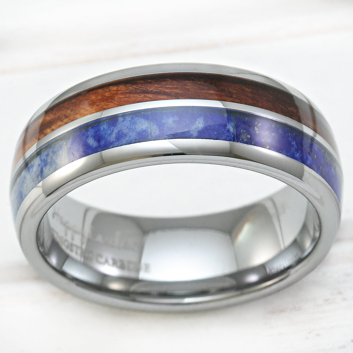 Tungsten Carbide Ring with Koa Wood & Lapis Lazuli Duo Inlay - 8mm, Dome Shape, Comfort Fitment