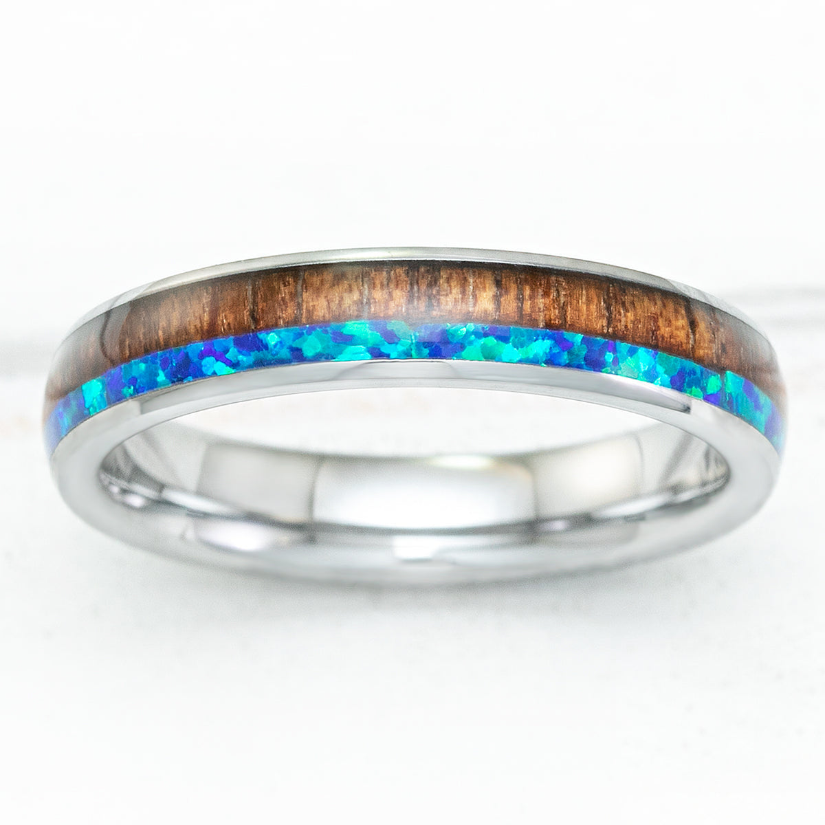 Tungsten Carbide 4mm Ring with Blue Opal & Koa Wood Duo-Inlay - Dome Shape, Comfort Fitment