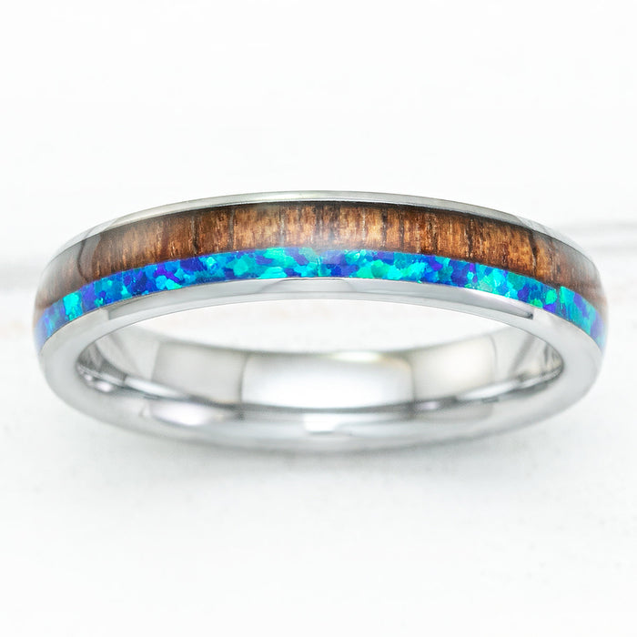 Tungsten Carbide 4mm Ring with Blue Opal & Koa Wood Duo-Inlay - Dome Shape, Comfort Fitment