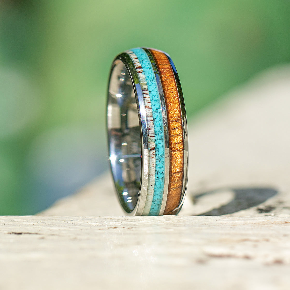Tungsten Carbide with Antler, Turquoise, & Hawaiian Koa Wood - 6mm, Dome Shape, Comfort Fitment