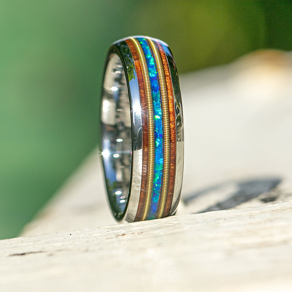 Tungsten Carbide Ring with Guitar String, Azure Blue Opal, & Koa Wood / 6mm / Dome Shape / Comfort Fitment
