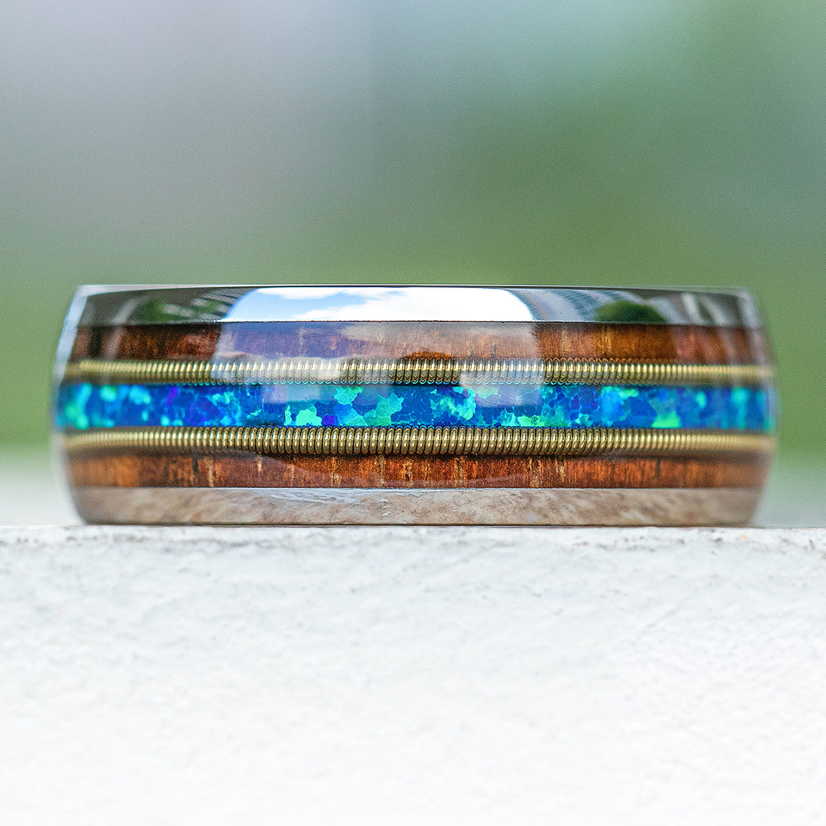 Tungsten Carbide Ring with Guitar String, Azure Blue Opal, & Koa Wood / 8mm / Dome Shape / Comfort Fitment
