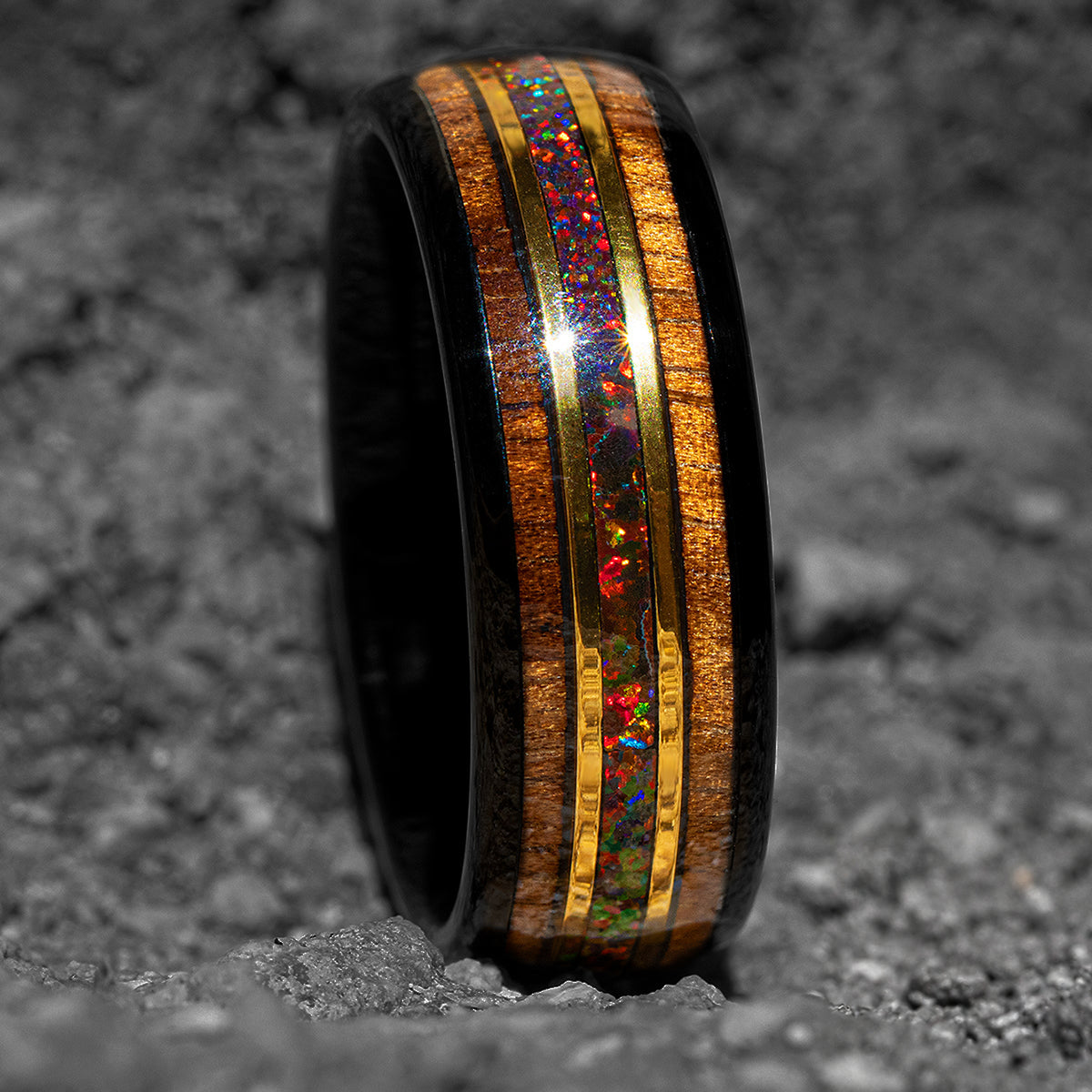 Black Tungsten 8mm Mid-Gold Strip Ring / Rasta Fire Opal & Hawaiian Koa Wood Tri-Inlay / Dome Shape & Comfort Fitment