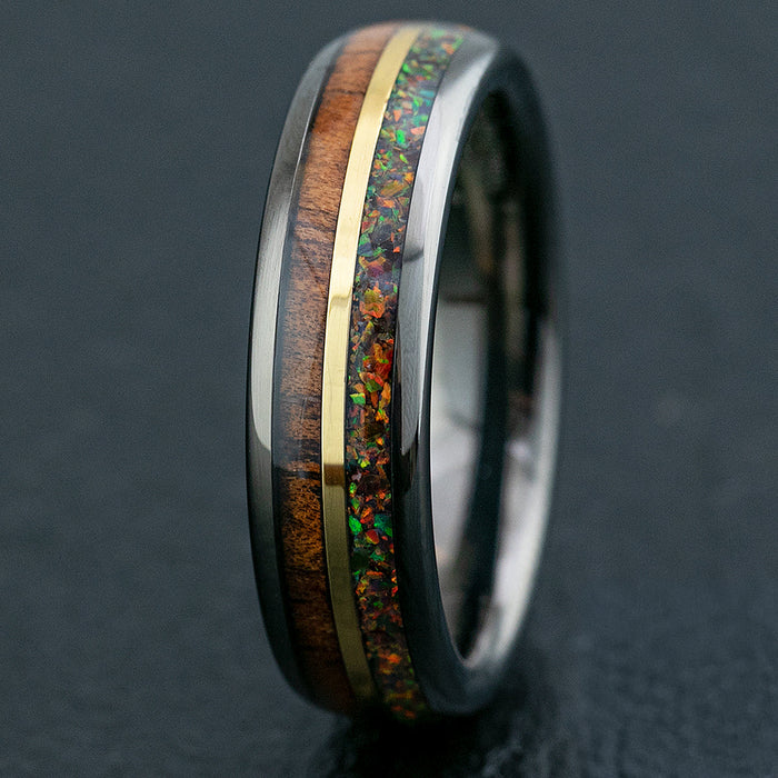 Gun Grey Mid-Gold Strip Tungsten Carbide Ring / Hawaiian Koa Wood & Fire Opal / 6mm width / Dome Shape ,  Comfort Fitment