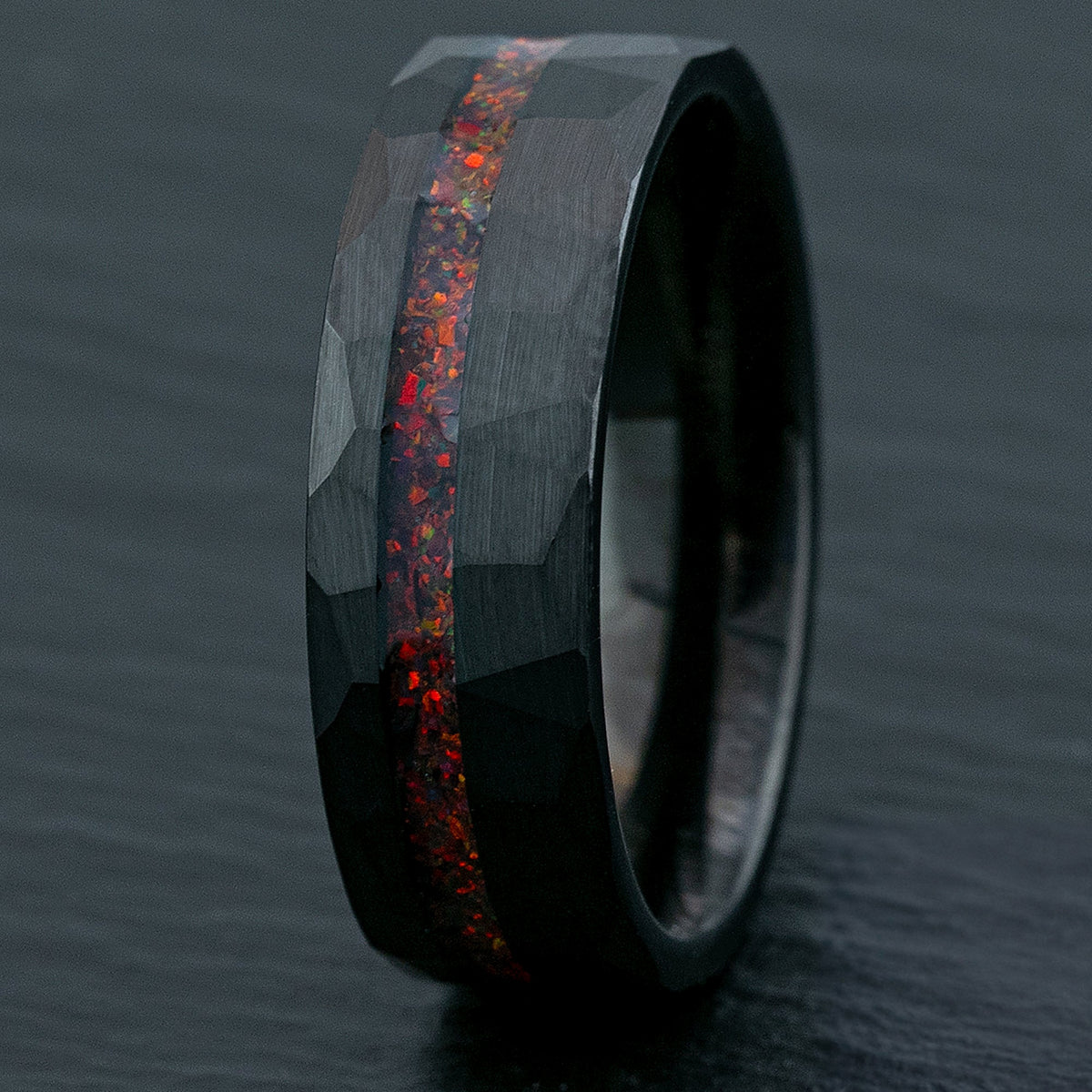 Black Tungsten Hammered Ring / Offset Fire Opal Inlay / 8mm Width / Flat Shape , Comfort Fitment