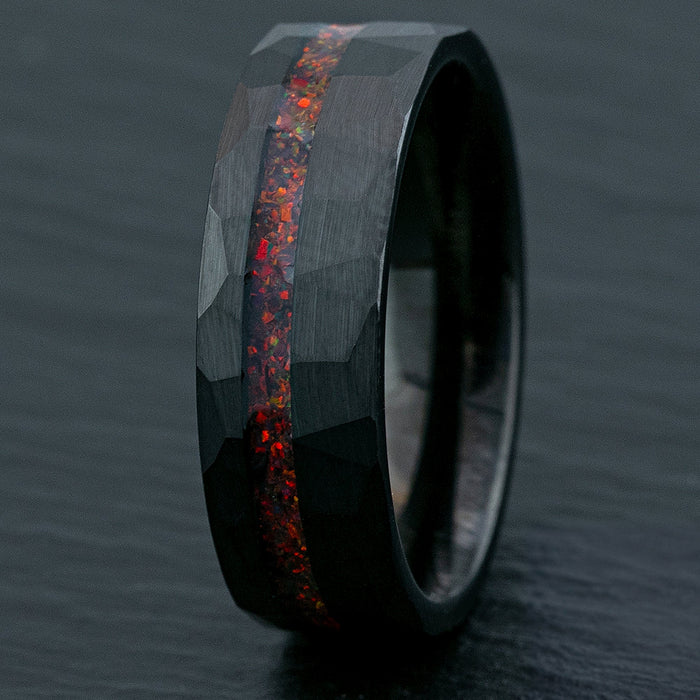 Black Tungsten Hammered Ring / Offset Fire Opal Inlay / 8mm Width / Flat Shape , Comfort Fitment