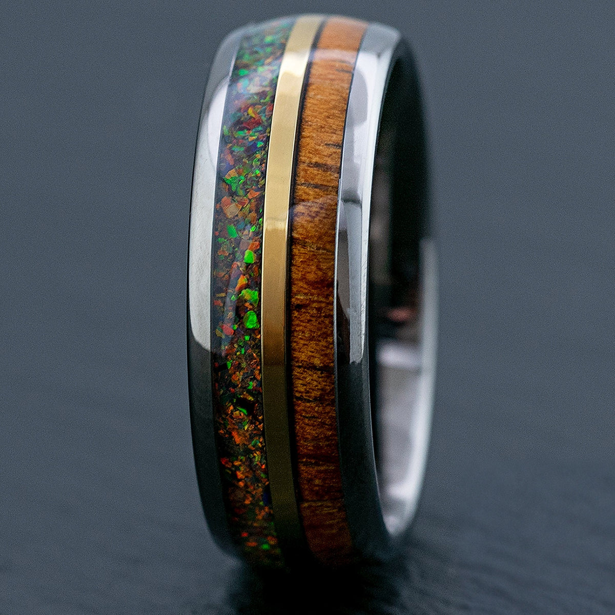 Gun Grey Mid-Gold Strip Tungsten Carbide Ring / Hawaiian Koa Wood & Fire Opal / 8mm width / Dome Shape , Comfort Fitment