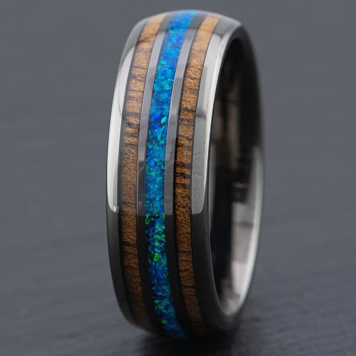Gun Grey Tungsten Carbide Ring [8mm width] Azure Blue Opal & Hawaiian Koa Wood Tri-Inlay