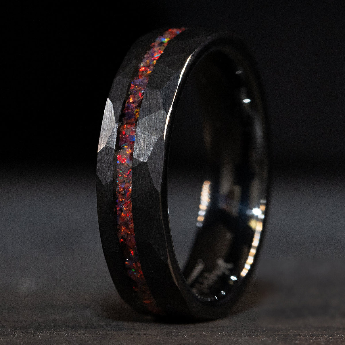 Black Tungsten Hammered Ring Offset Fire Opal Inlay [6mm Width] Flat Shape , Comfort Fitment