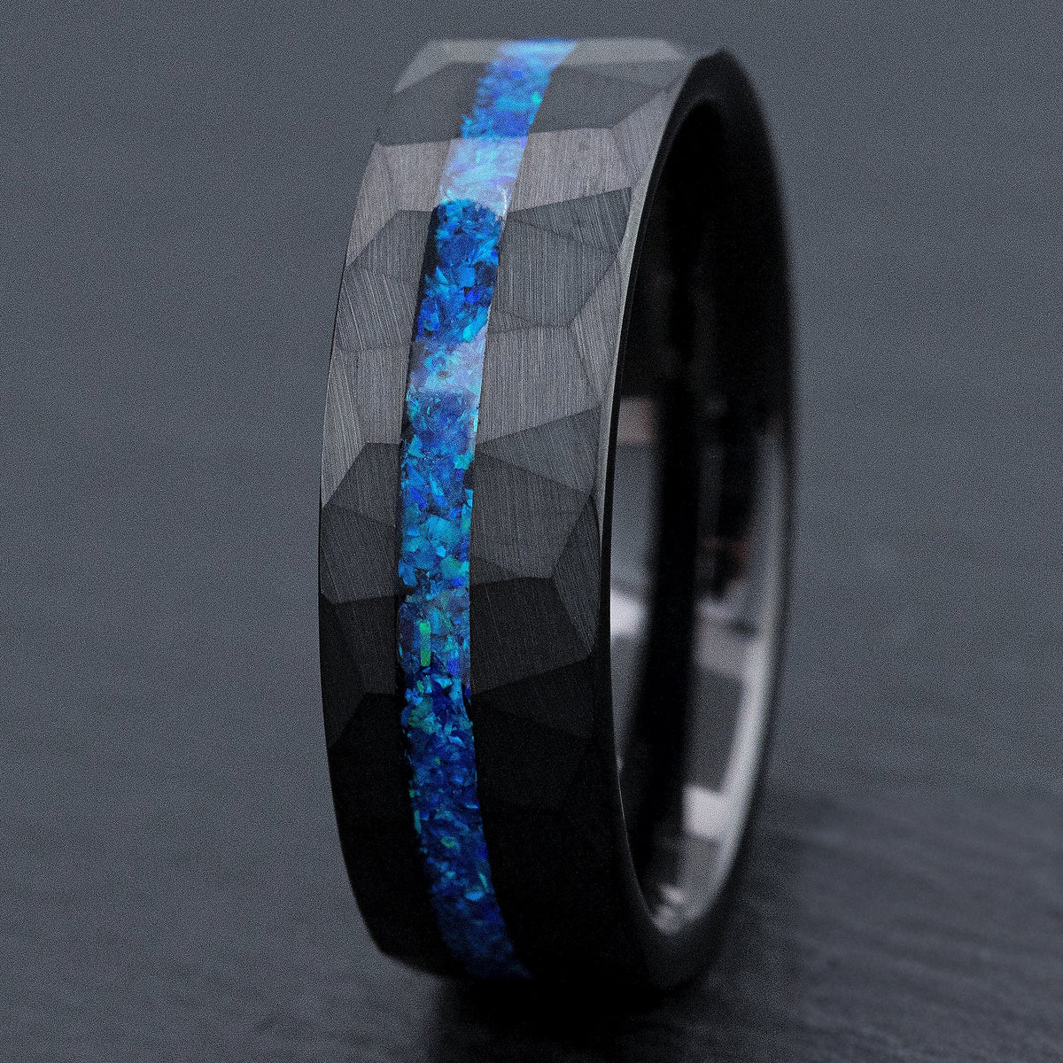 Black Tungsten Hammered Ring Offset Blue Opal Inlay [8mm Width]  Flat Shape, Comfort Fitment
