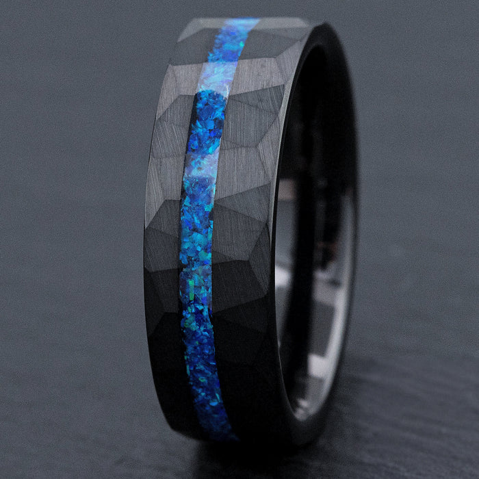 Black Tungsten Hammered Ring Offset Blue Opal Inlay [8mm Width]  Flat Shape, Comfort Fitment
