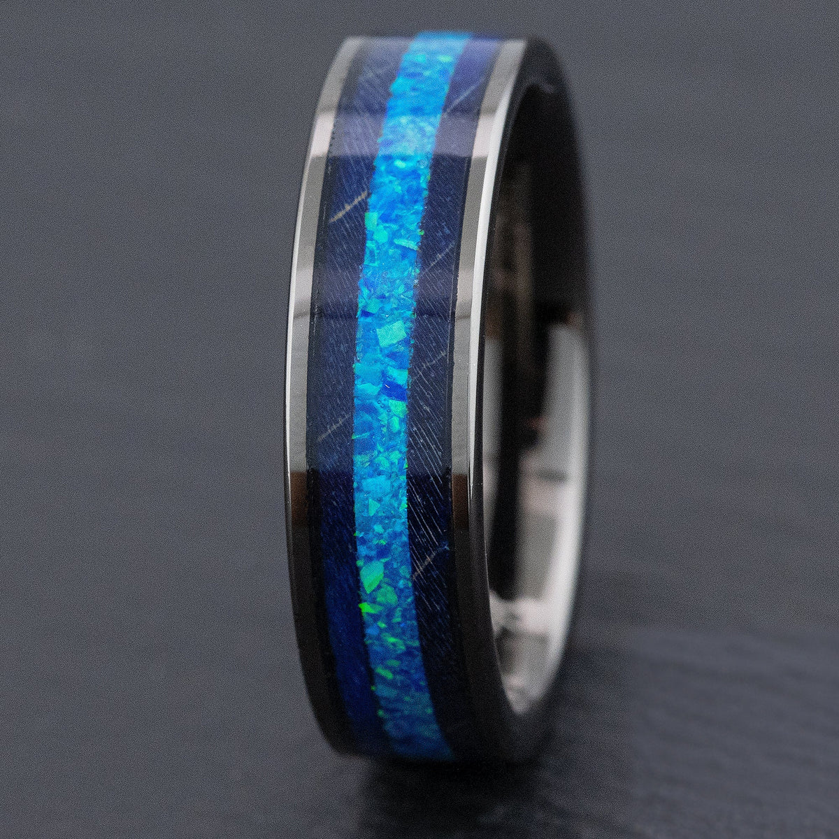 Gun Grey Tungsten Carbide Ring / Azure Blue Opal & Blue Box Elder Wood [6mm width] Flat Style, Comfort Fitment