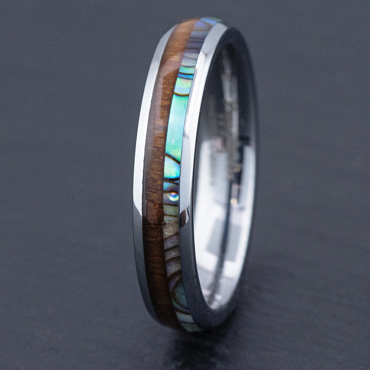 Tungsten Carbide Ring [4mm width] Abalone Shell & Koa Wood Duo Inlay - Barrel Shape, Comfort Fitment