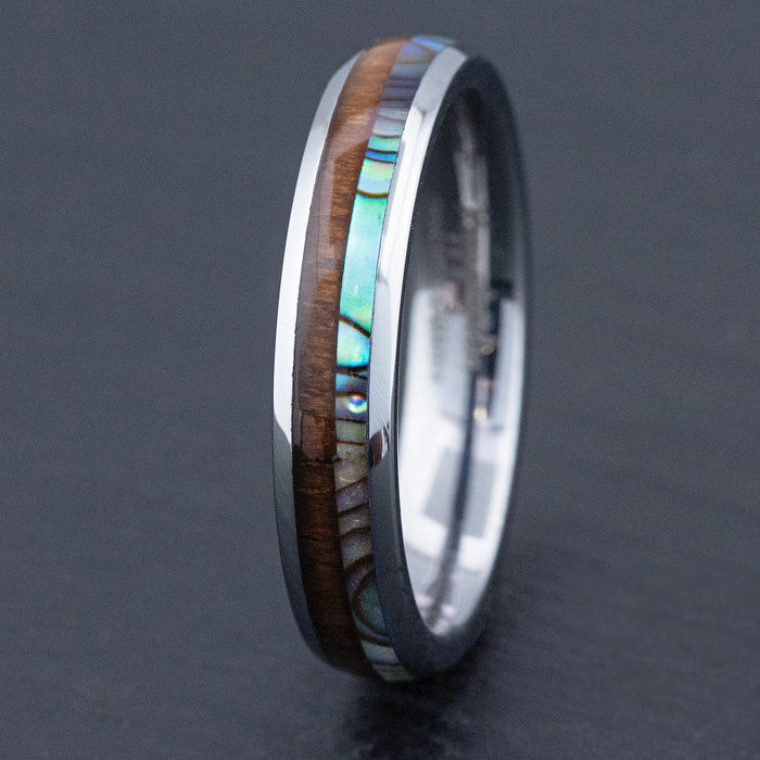 Tungsten Carbide Ring [4mm width] Abalone Shell & Koa Wood Duo Inlay - Barrel Shape, Comfort Fitment