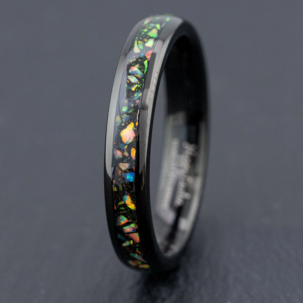 Black Tungsten Carbide Ring [4mm width] Midnight Fire Opal Inlay - Barrel Shape, Comfort Fitment