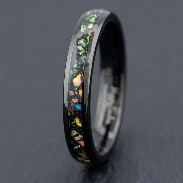 Black Tungsten Carbide Ring [4mm width] Midnight Fire Opal Inlay - Barrel Shape, Comfort Fitment