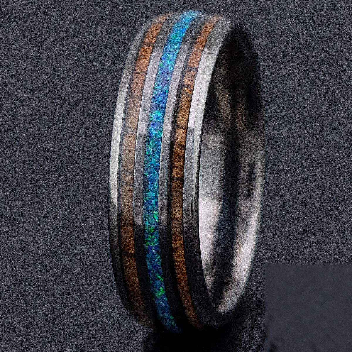Gun Grey Tungsten Carbide Ring [6mm width] Blue Opal & Hawaiian Koa Wood Tri-Inlay - Barrel Shape, Comfort Fitment