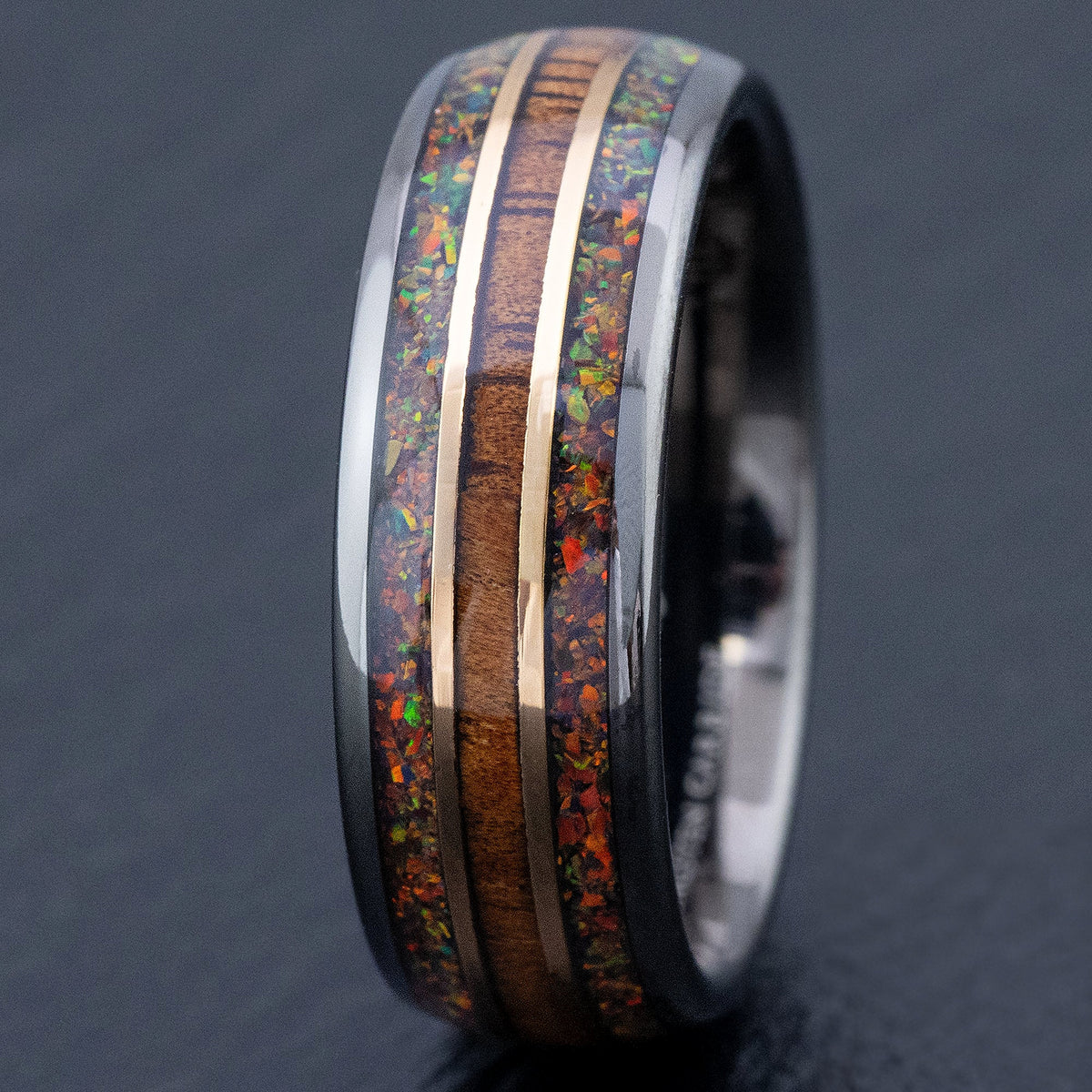 Gun Grey Tungsten Carbide Mid-Rose Gold Strip Ring [8mm width]  Duo Fire Opal & Hawaiian Koa Wood Inlay